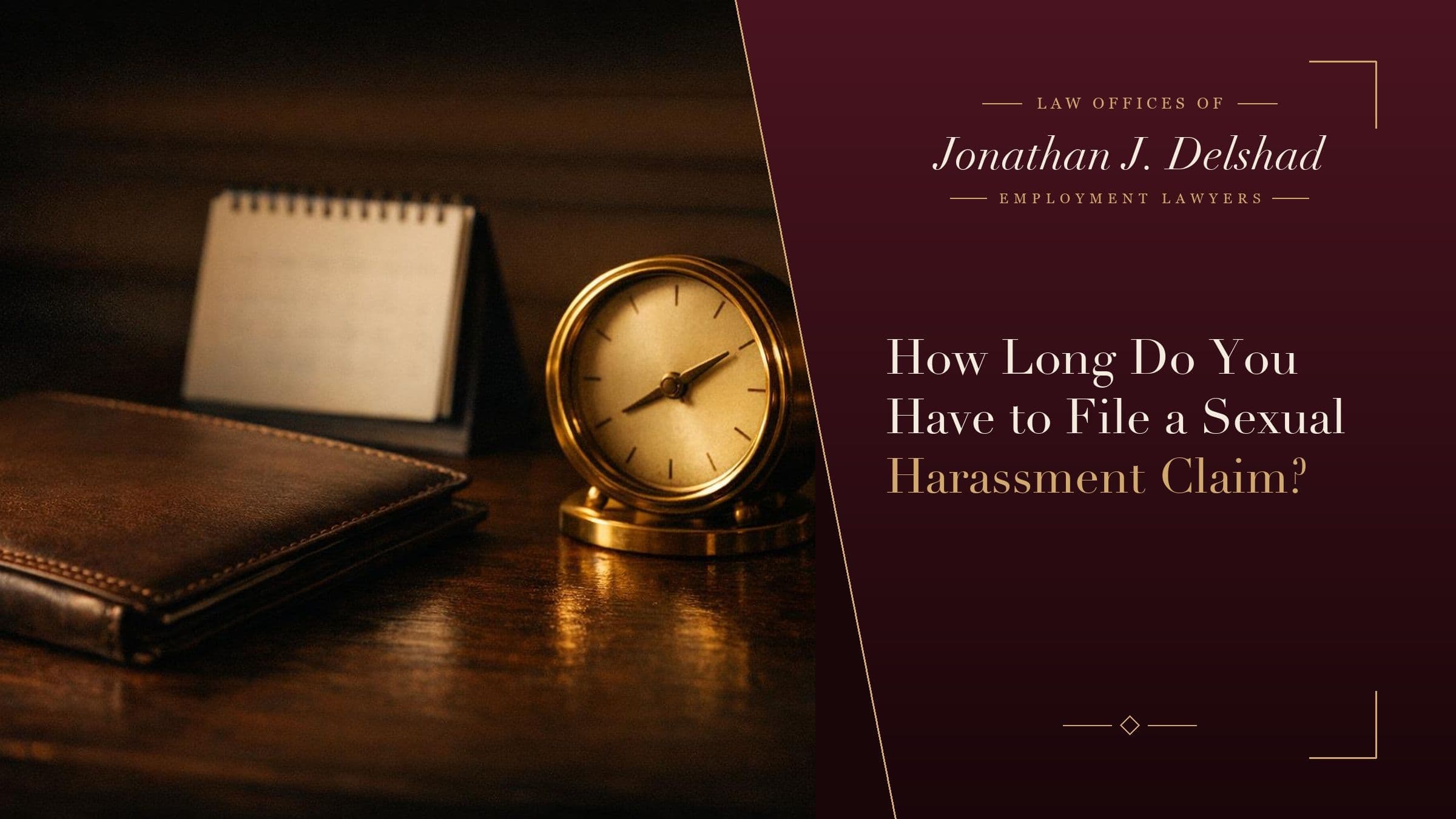 A desk calendar and a brass desk clock beside a closed leather folio on a dark wooden desk in warm low light