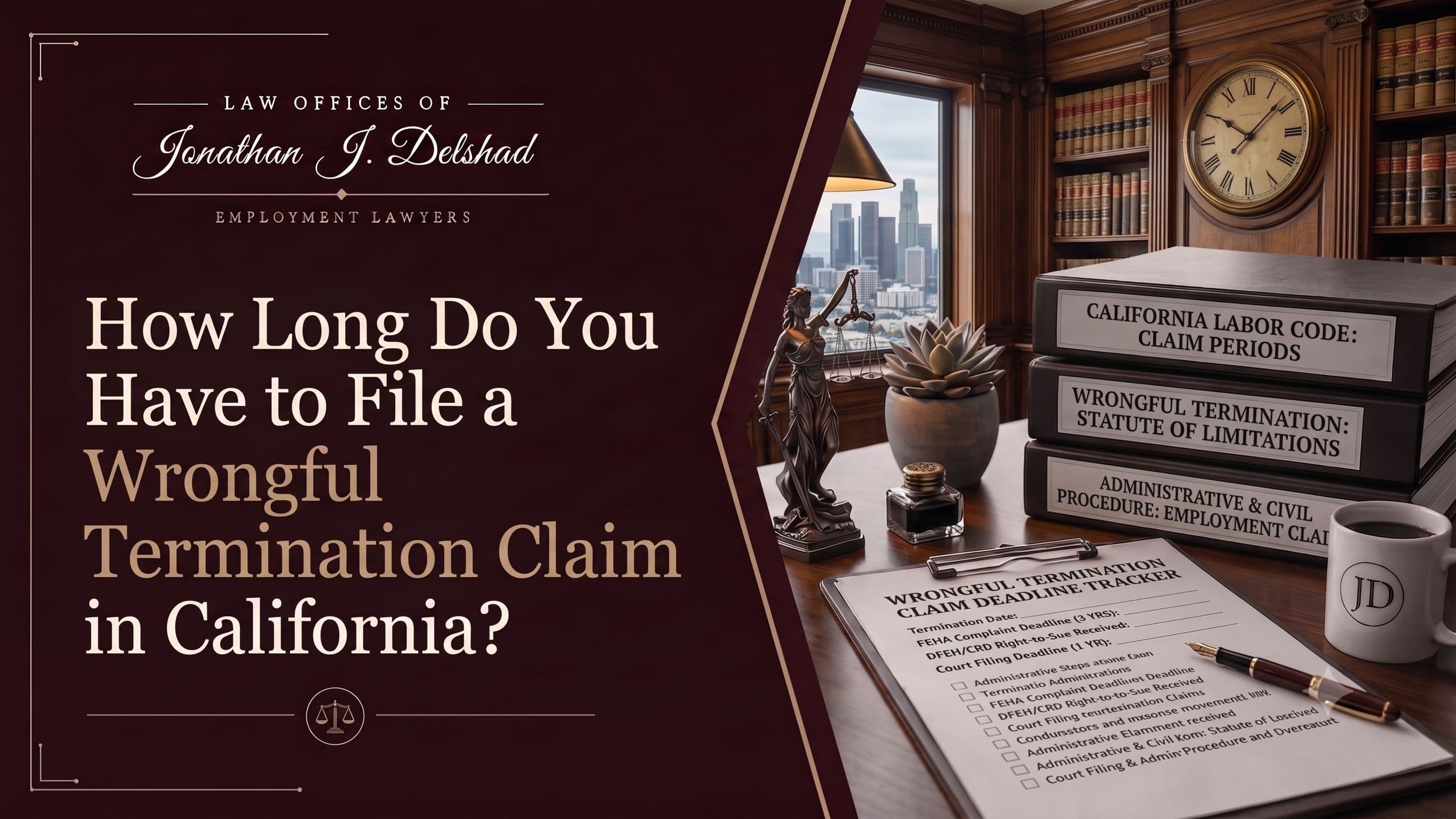 A California wrongful termination filing deadline calendar beside employment law statute books and a termination notice.
