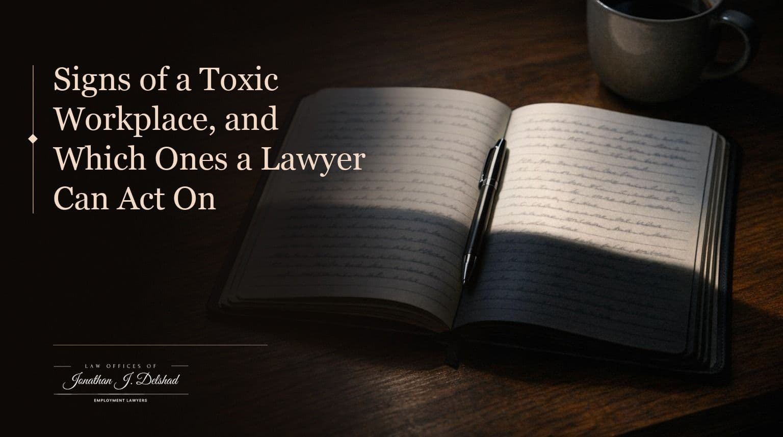 An open notebook with dated handwritten entries beside a phone and a cold coffee on a dark desk, headed 'Signs of a Toxic Workplace'.