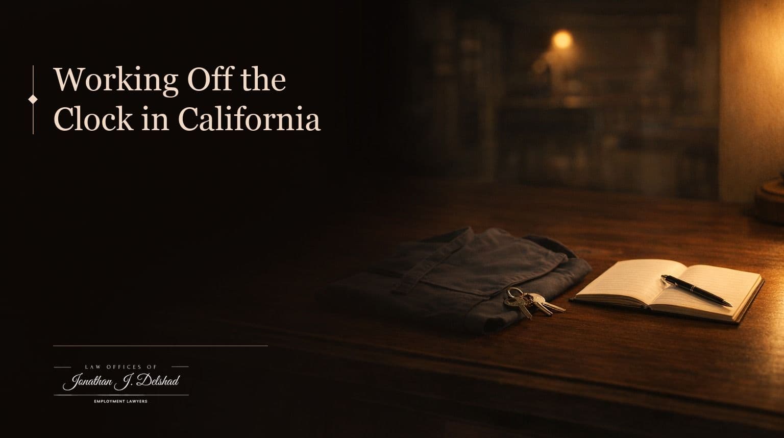 Working Off the Clock in California — Law Offices of Jonathan J. Delshad. A folded work apron and a set of keys beside an open notebook and pen on a dark wooden counter, in a shop already closed for the night.