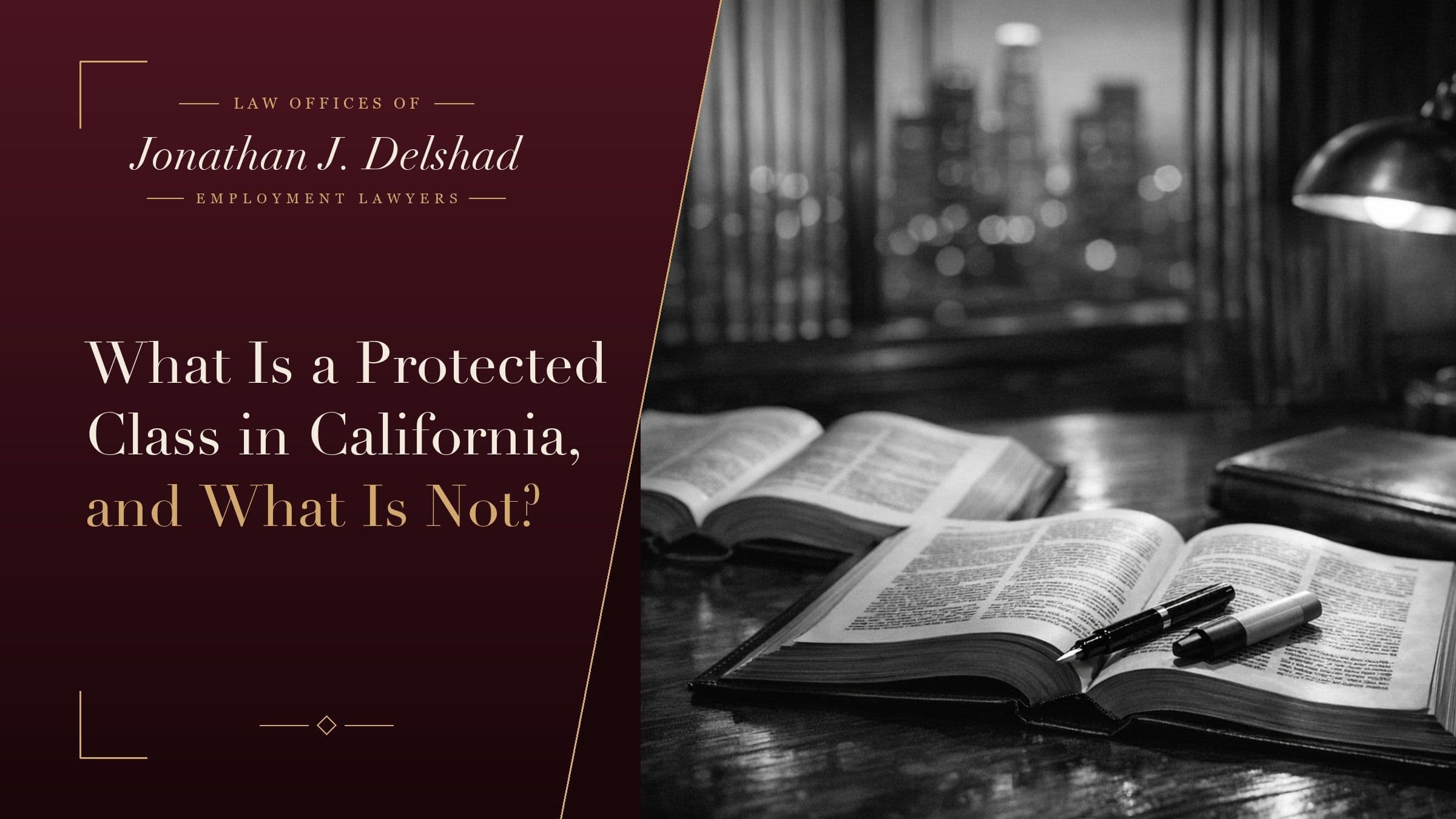 Two open California law books side by side on a Los Angeles law office desk, headed 'What Is a Protected Class in California, and What Is Not?'