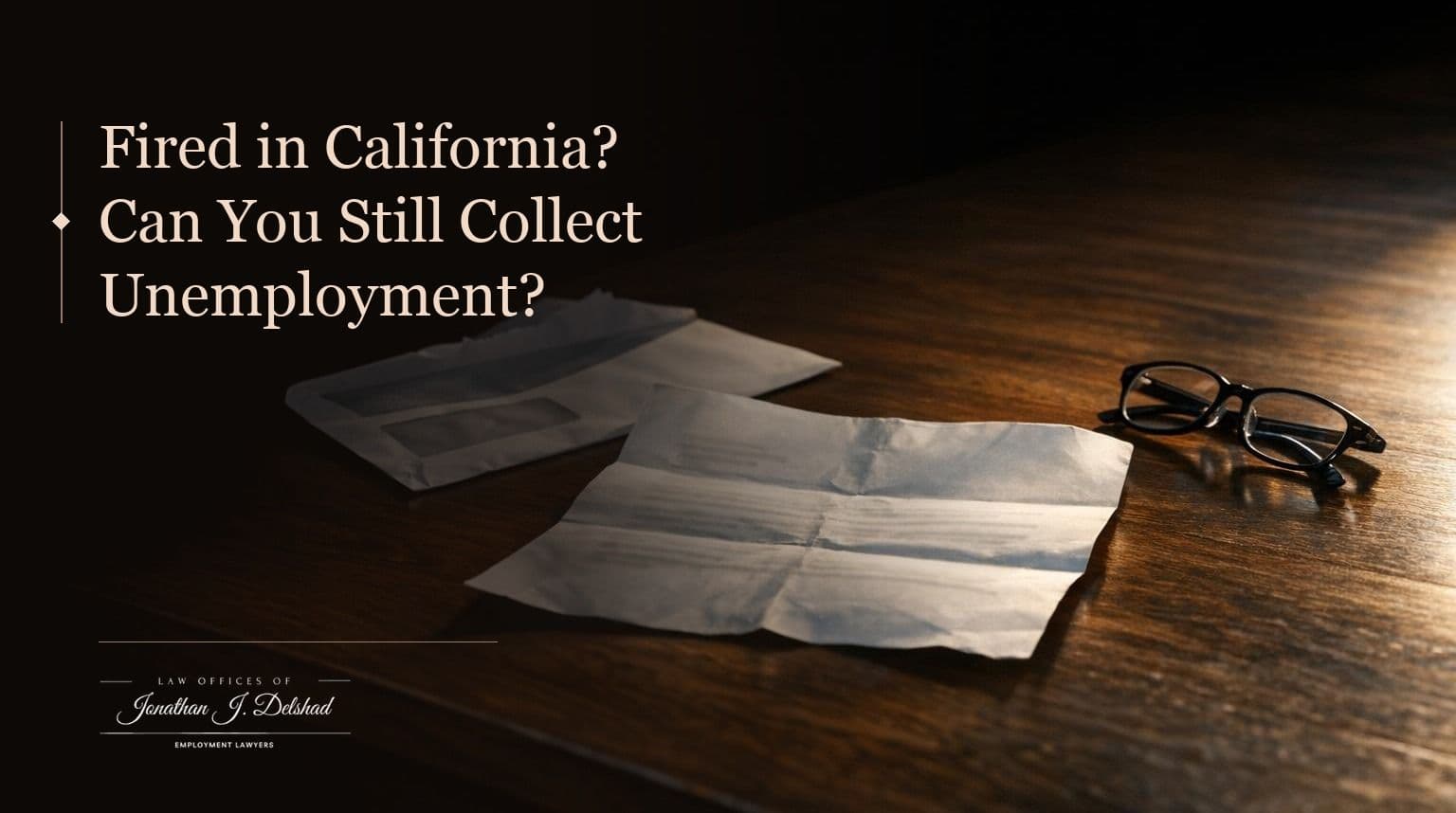 An opened window envelope and a folded government notice on a dark walnut table beside reading glasses, headed 'Fired in California? Can You Still Collect Unemployment?'