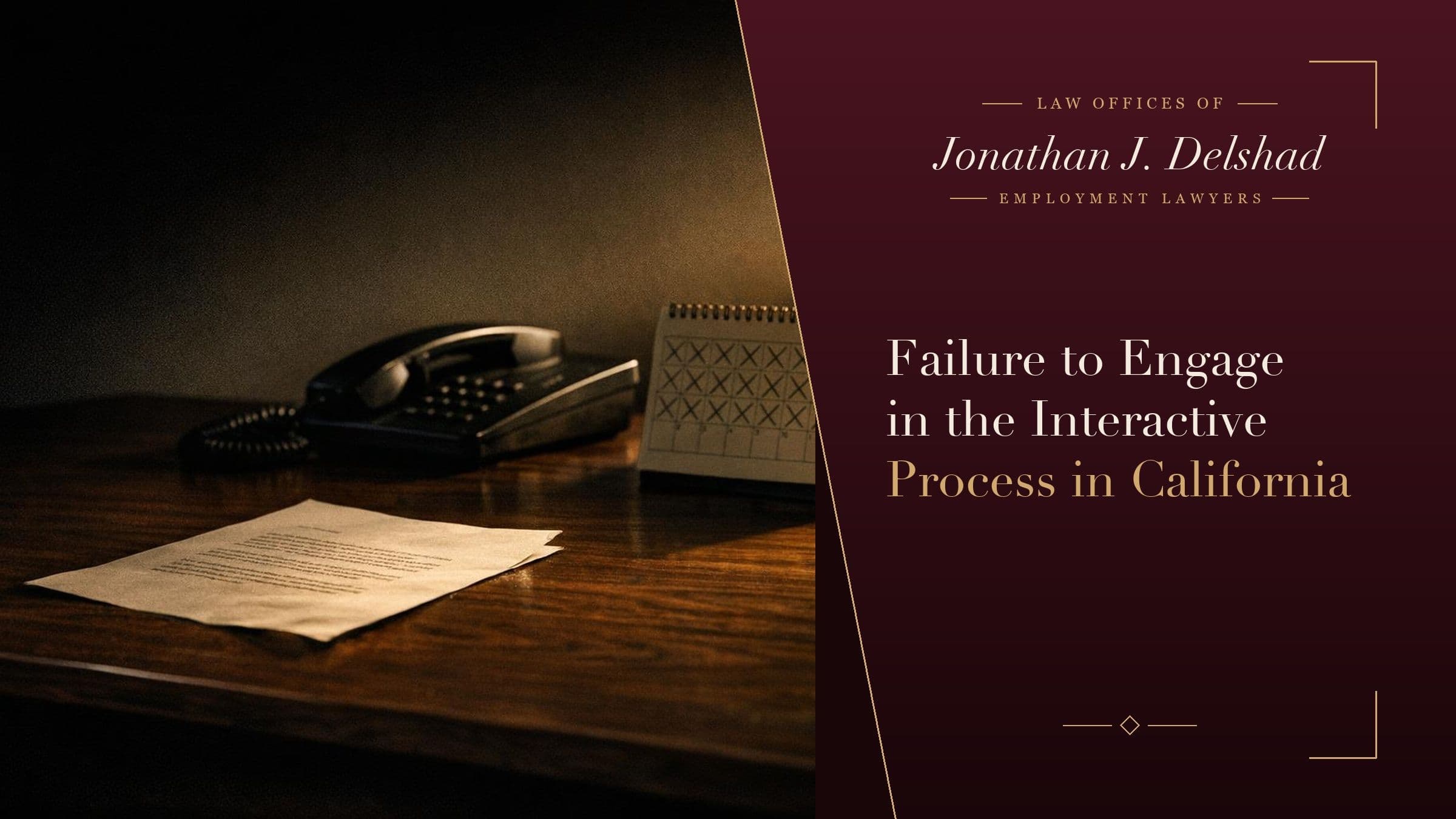 Failure to Engage in the Interactive Process in California - Law Offices of Jonathan J. Delshad. An empty meeting room with two chairs facing each other across a table, one pushed back.