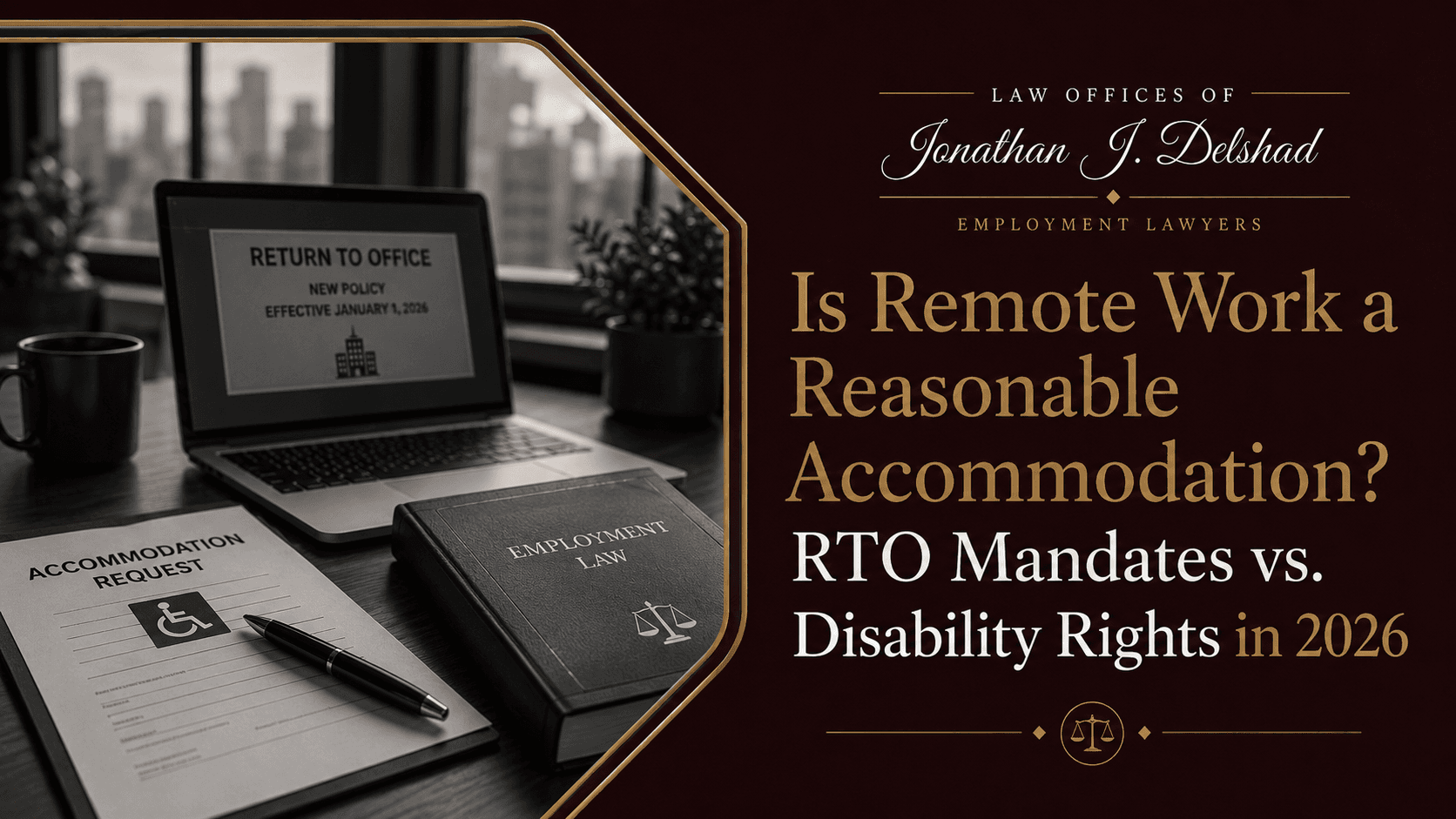 Laptop showing a return-to-office policy beside a disability accommodation request form and an employment law book.