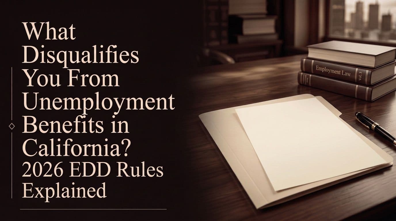An unemployment claim folder and a blank sheet beside employment law books on a desk, illustrating what disqualifies you from unemployment benefits in California.