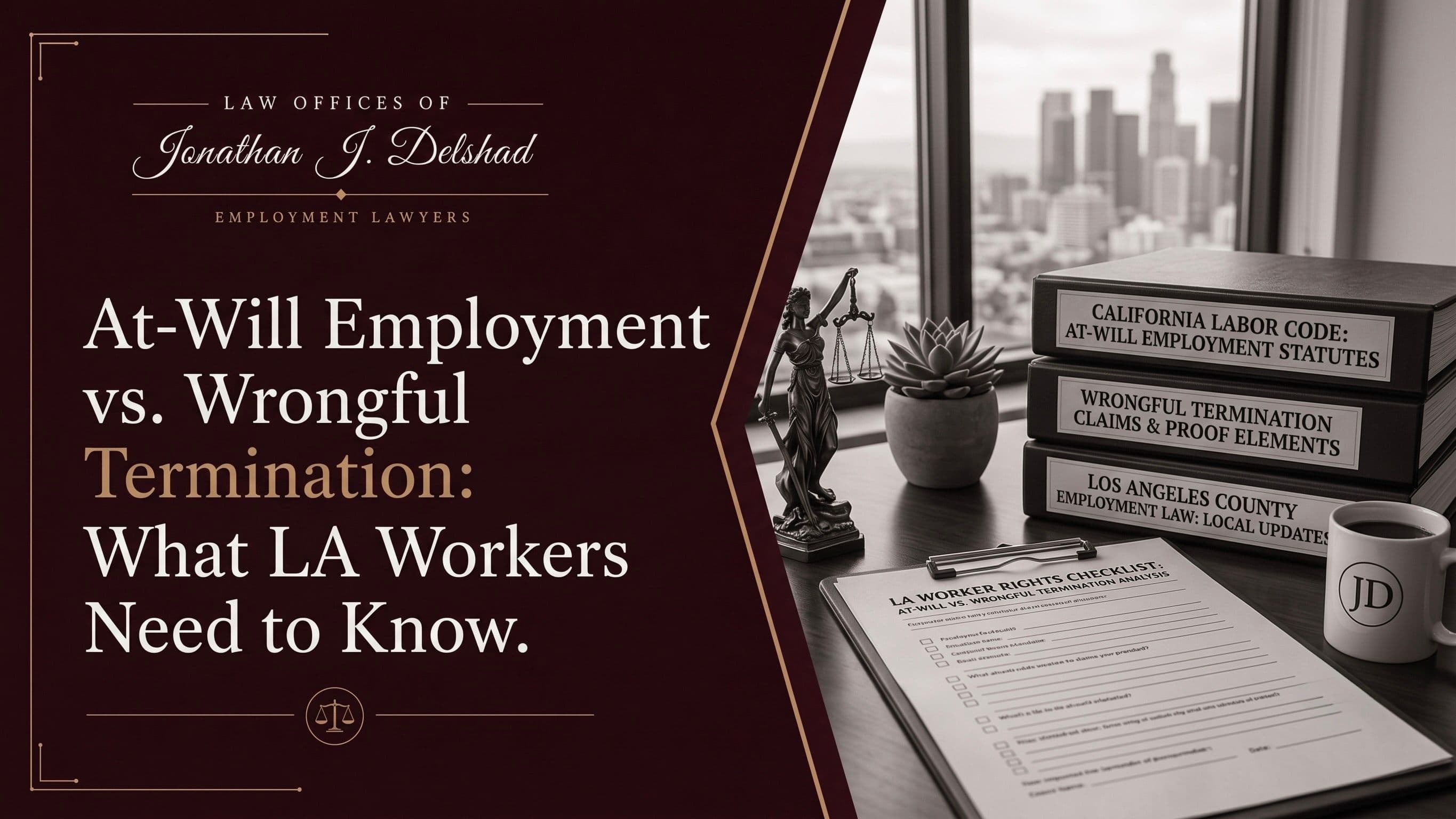 At-will employment and wrongful termination law binders beside an LA worker rights checklist, with the Los Angeles skyline behind.