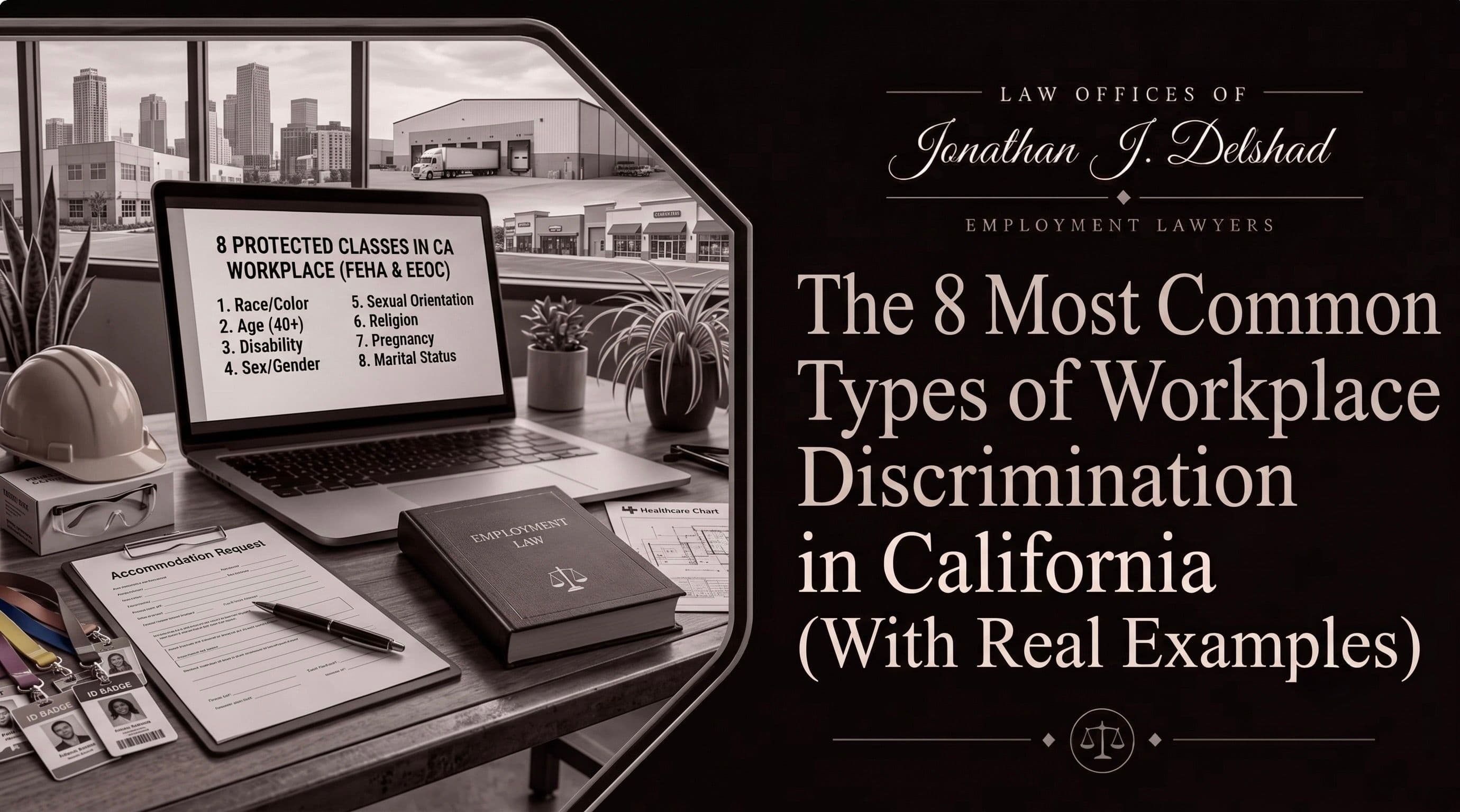 Eight California workplace discrimination categories laid out beside FEHA statute books and an employee rights checklist.