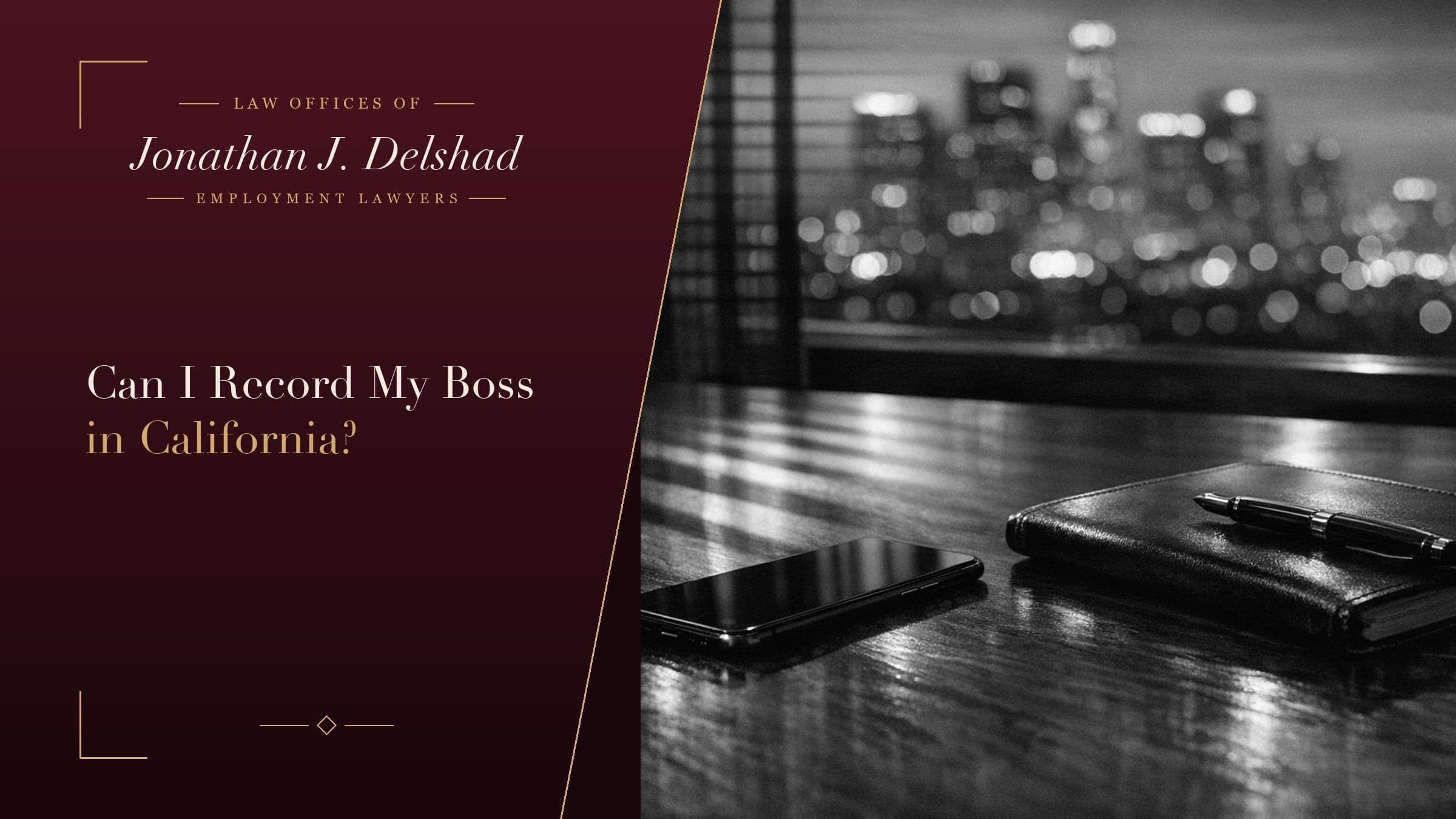 A smartphone lying face down on a dark walnut conference table beside a closed leather notebook and a fountain pen, blinds and the Los Angeles skyline blurred behind, headed 'Can I Record My Boss in California?'