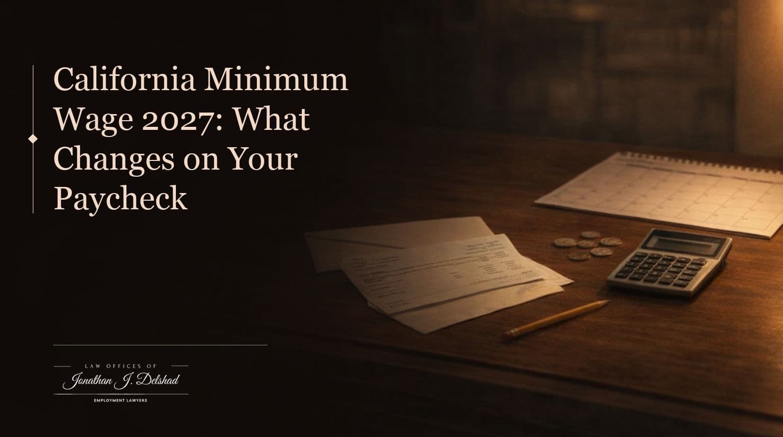 California Minimum Wage 2027: What Changes on Your Paycheck — Law Offices of Jonathan J. Delshad. A folded pay stub, an envelope, a pencil, a calculator, a few coins and a wall calendar on a dark wooden table under warm lamplight.