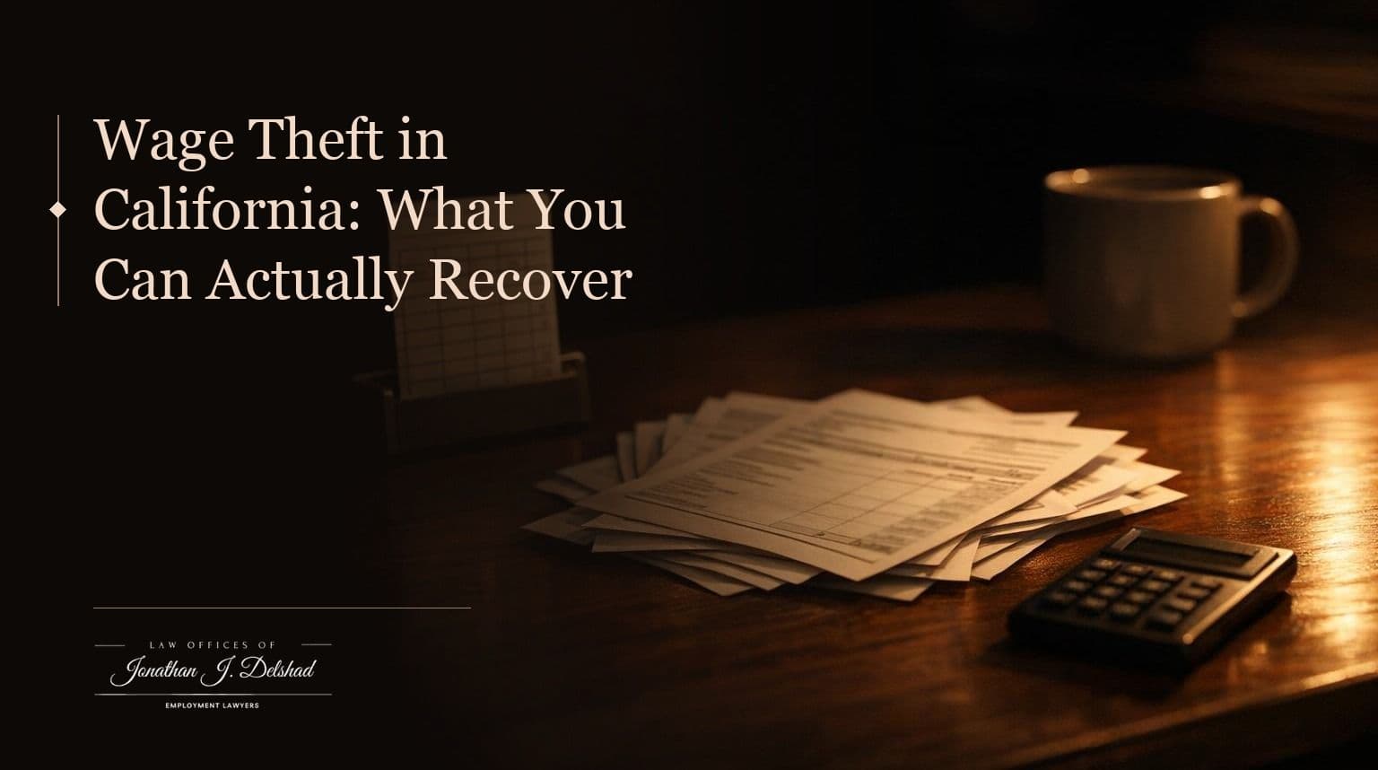 Wage Theft in California: What You Can Actually Recover — Law Offices of Jonathan J. Delshad. A punch-card time card, a fan of printed pay stubs and a pocket calculator on a dark walnut desk in warm lamplight.