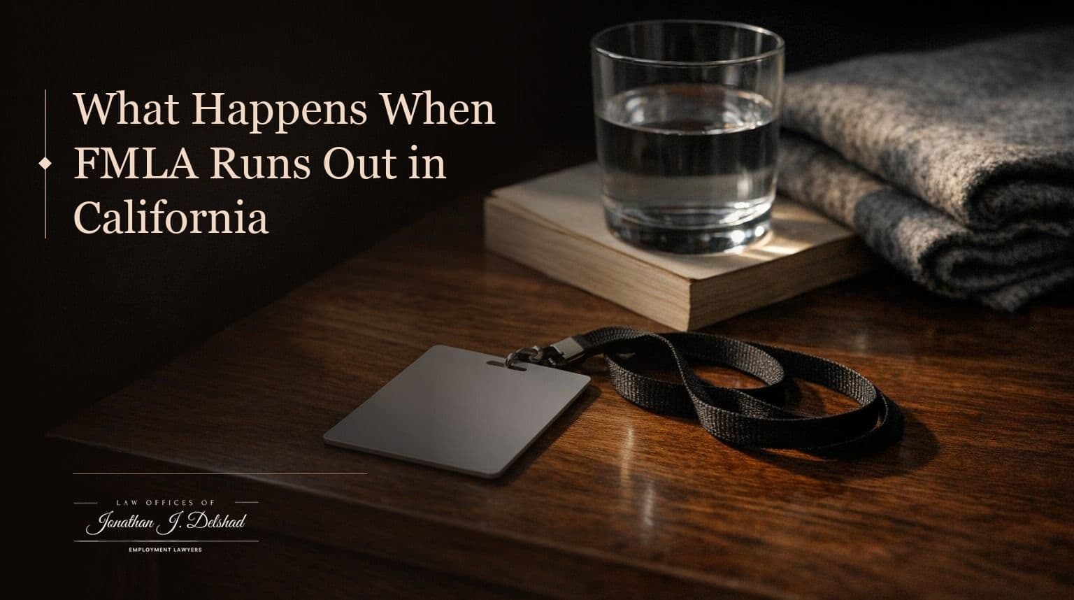 A blank work ID badge on a lanyard lying on a dark bedside table beside a glass of water and a folded blanket, headed 'What Happens When FMLA Runs Out in California'
