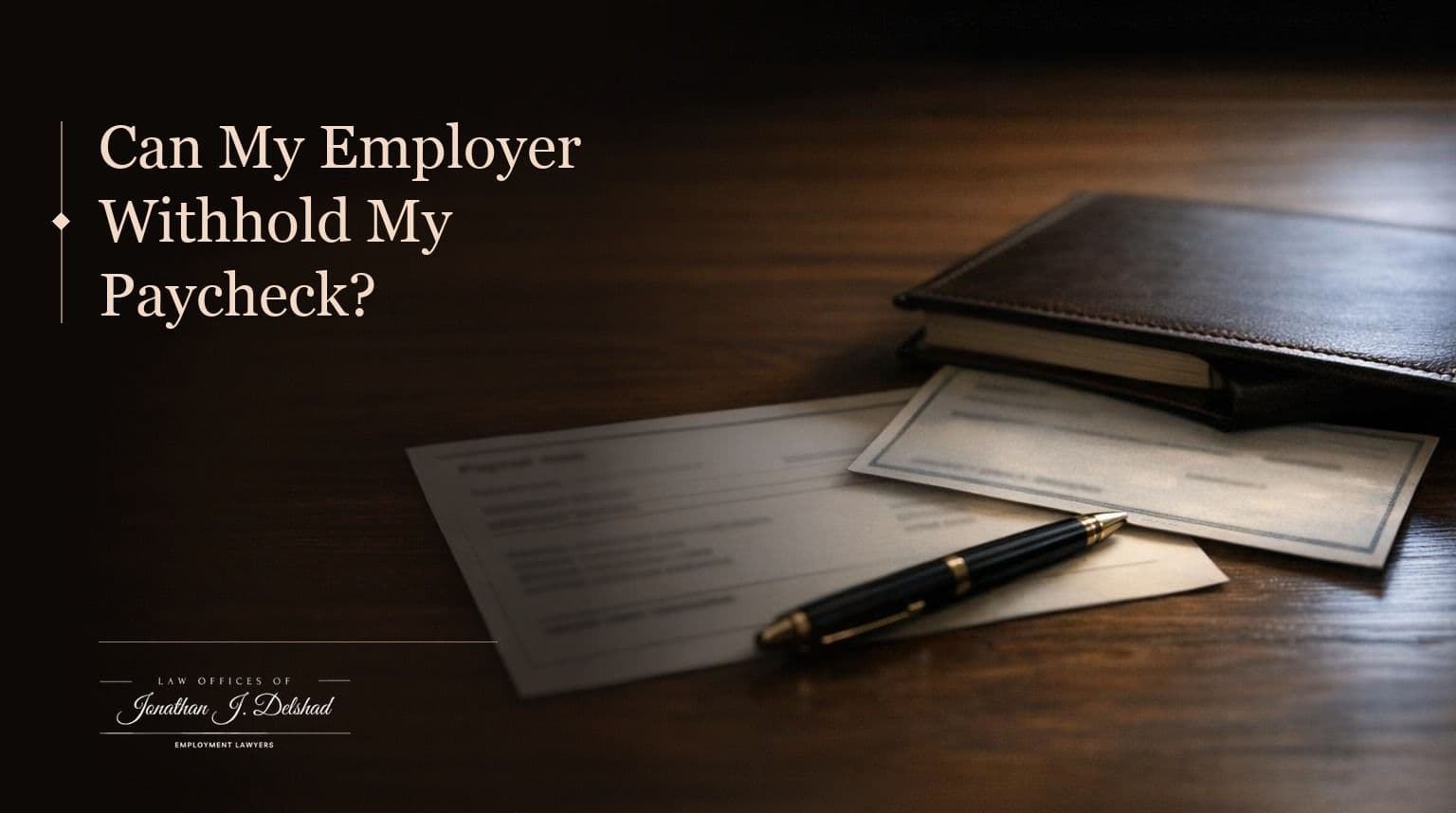 Can My Employer Withhold My Paycheck in California — Law Offices of Jonathan J. Delshad. A payroll stub and a paper paycheck on a dark walnut desk, the check partly covered by a closed ledger, a pen resting on the stub.
