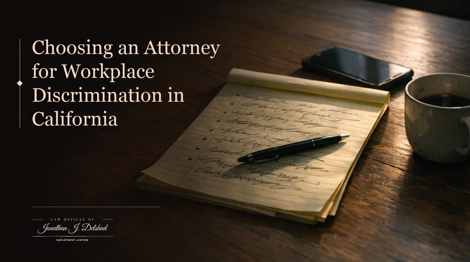 A notepad of handwritten questions and a phone on a dark desk beside a closed laptop, headed 'Choosing a Workplace Discrimination Attorney in California'