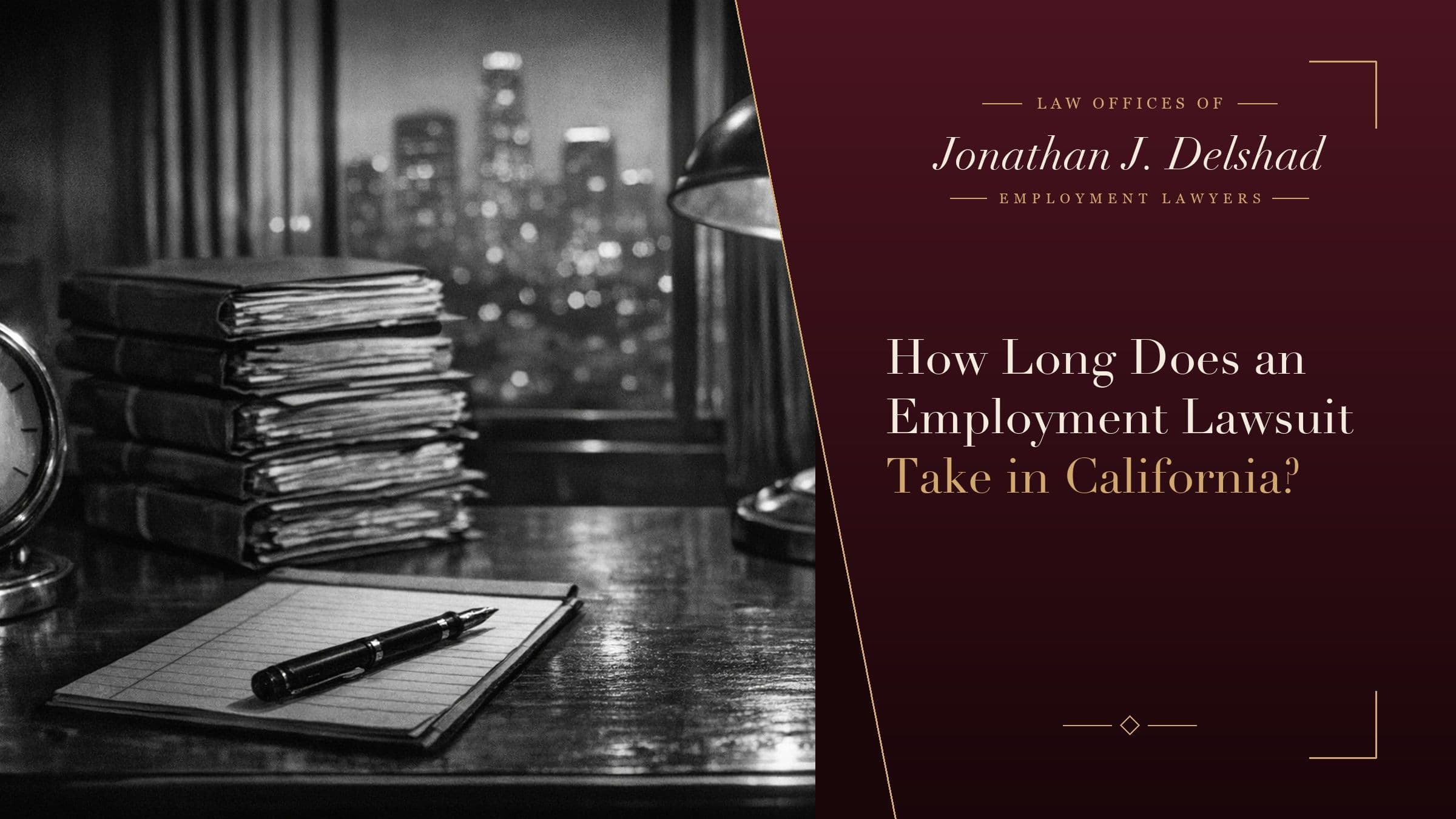 A vintage brass desk clock beside a tall stack of bound case folders on a Los Angeles law office desk, headed 'How Long Does an Employment Lawsuit Take in California?'
