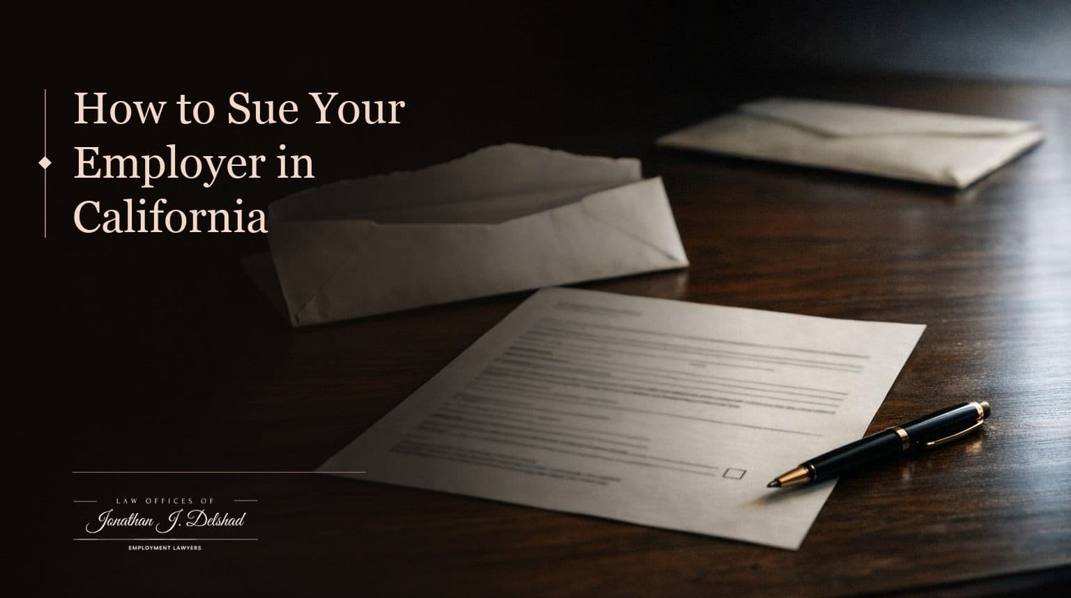 How to Sue Your Employer in California — Law Offices of Jonathan J. Delshad. An opened envelope and a printed government form with an unticked checkbox on a dark walnut desk, a pen resting beside it.