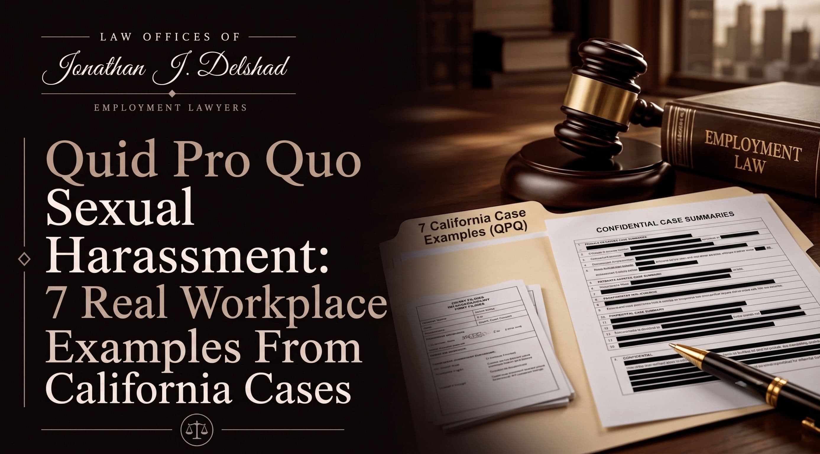 A gavel and an employment law book beside case files, illustrating quid pro quo sexual harassment claims under California law.