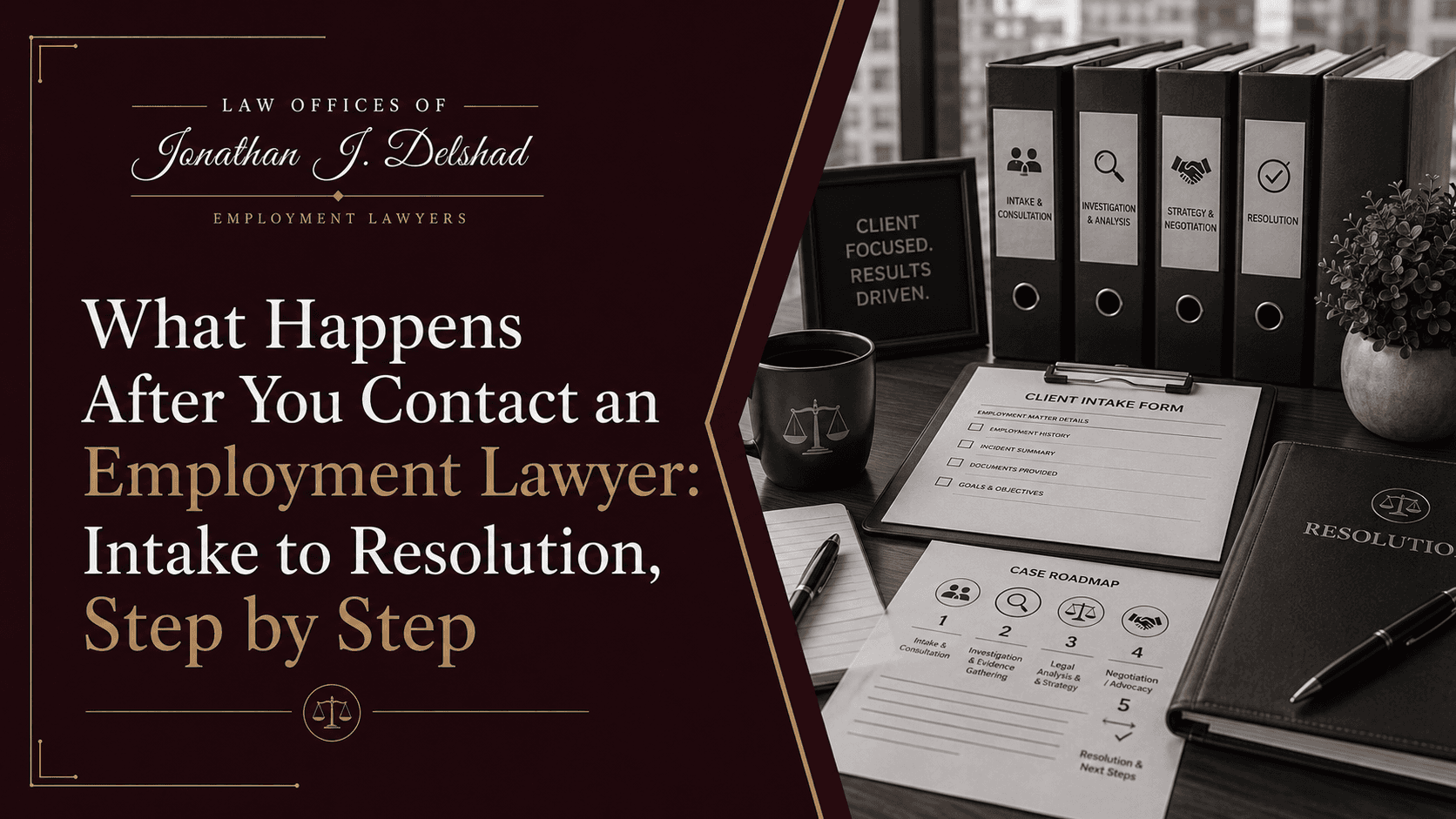 Client intake form, case roadmap, and case-stage binders on a desk at the Law Offices of Jonathan J. Delshad.