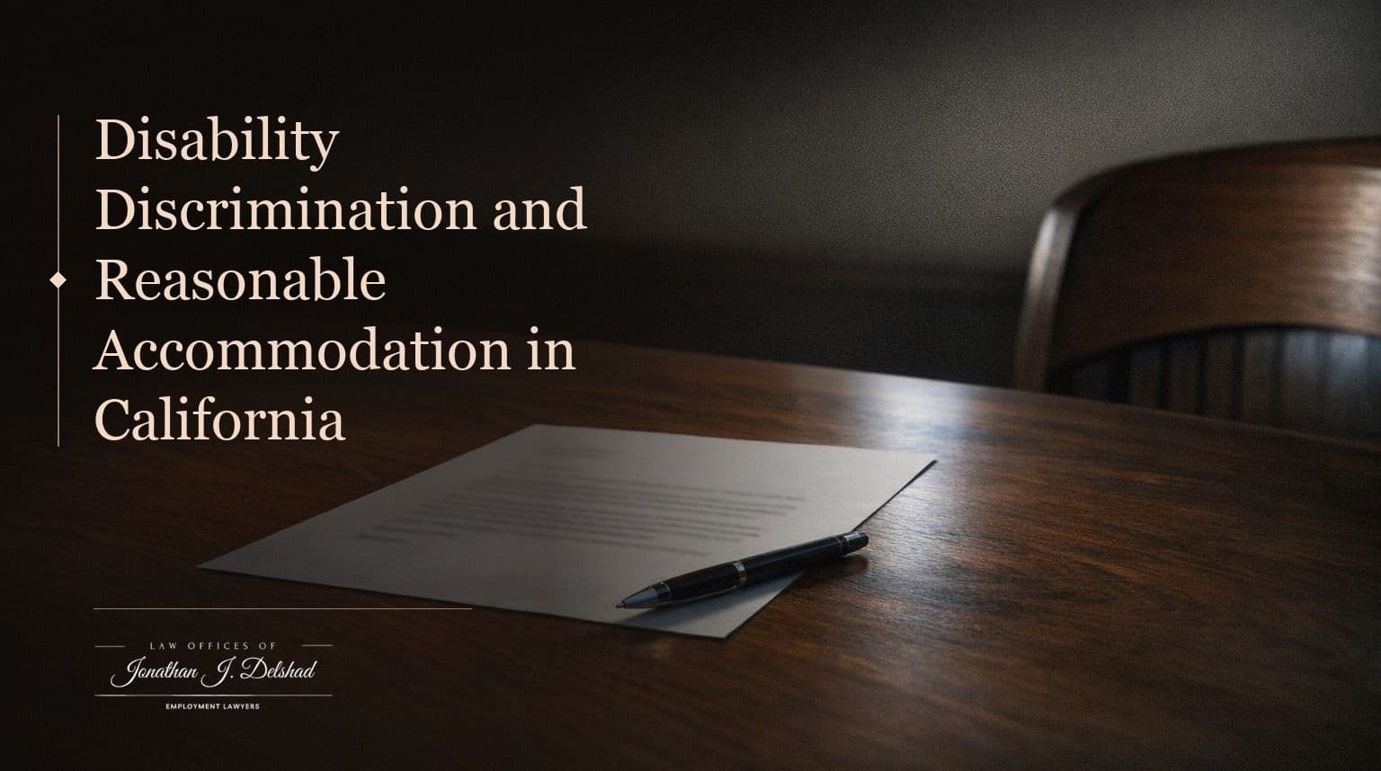 A typed letter lying unanswered on a dark walnut meeting table beside an empty chair, headed 'Disability Discrimination and Reasonable Accommodation in California'