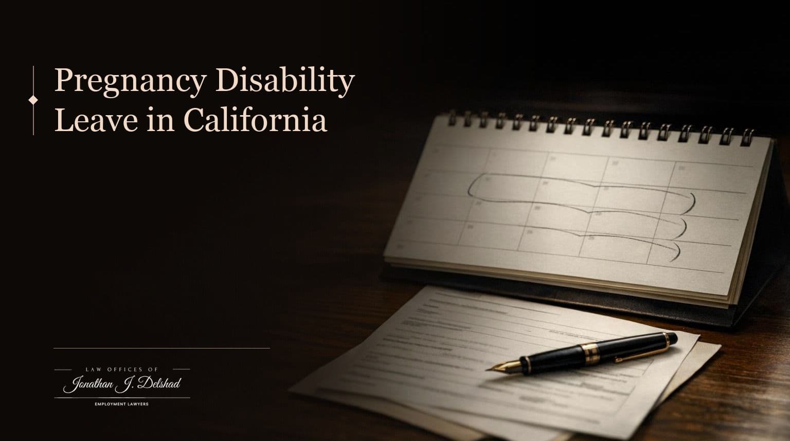Pregnancy Disability Leave in California — Law Offices of Jonathan J. Delshad. An open paper desk calendar with a run of weeks bracketed in pen, resting on a dark walnut desk beside a printed medical certification form and a fountain pen.