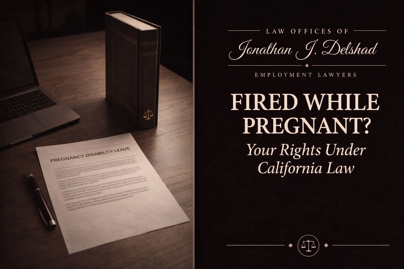 A desk with a law book, a laptop, a pen, and a printed Pregnancy Disability Leave document.