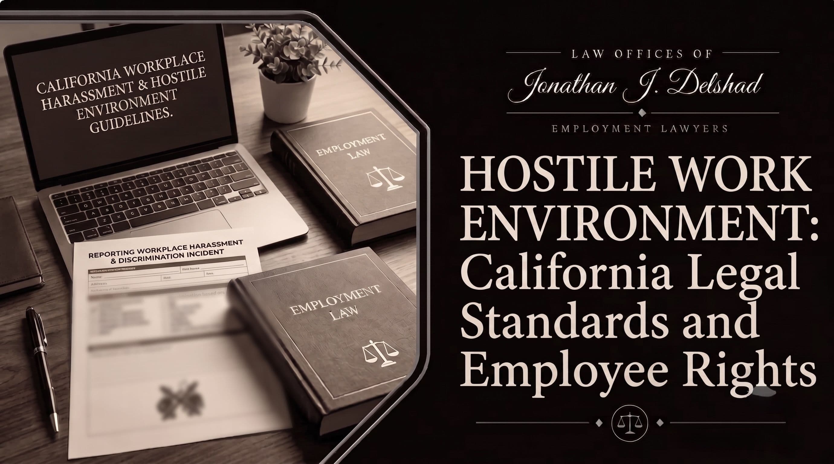 A desk with employment law books, a workplace harassment reporting form, and a laptop showing California workplace harassment guidelines.