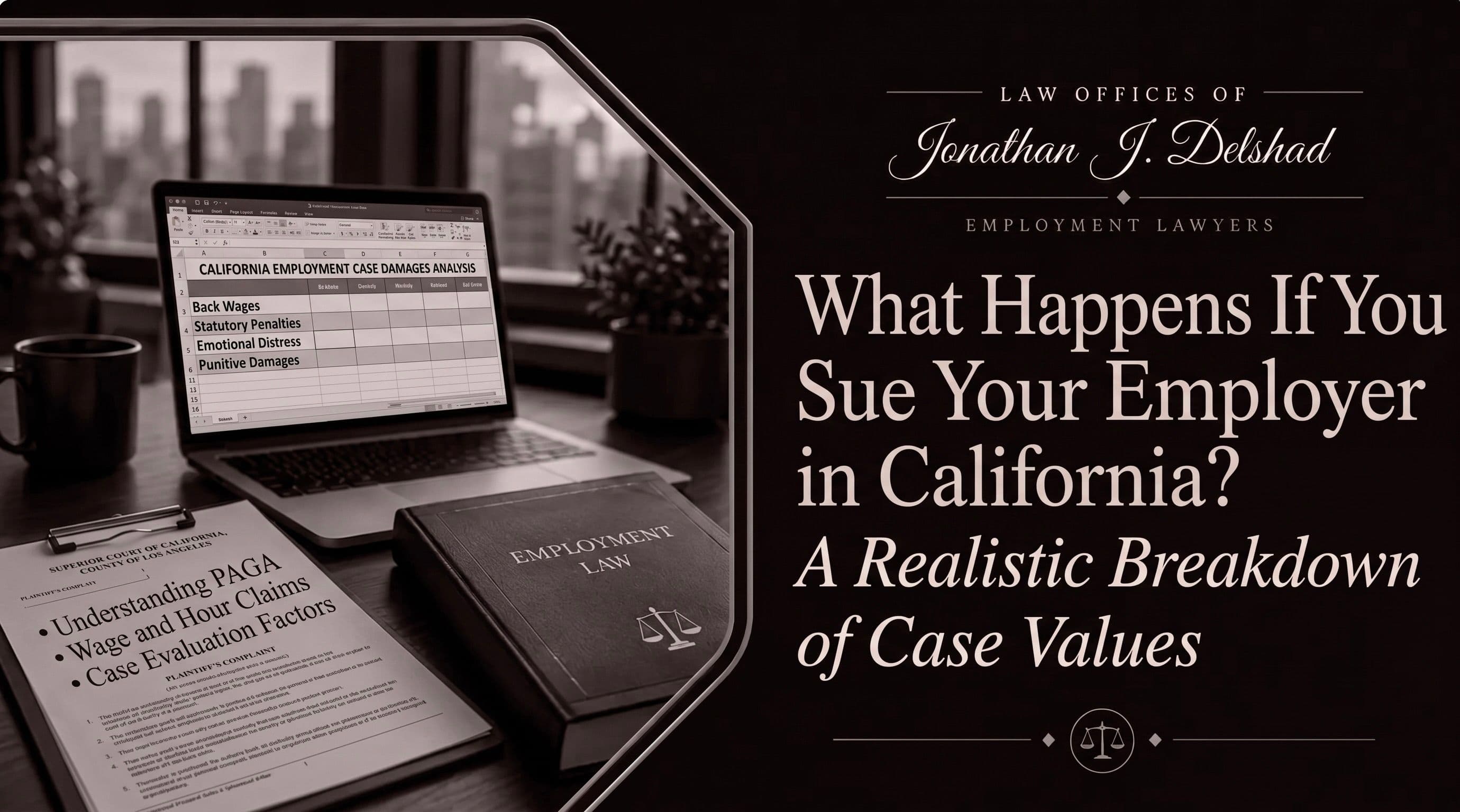 A California employment lawyer reviewing case value components beside wage records and a damages worksheet, with the Los Angeles skyline behind.