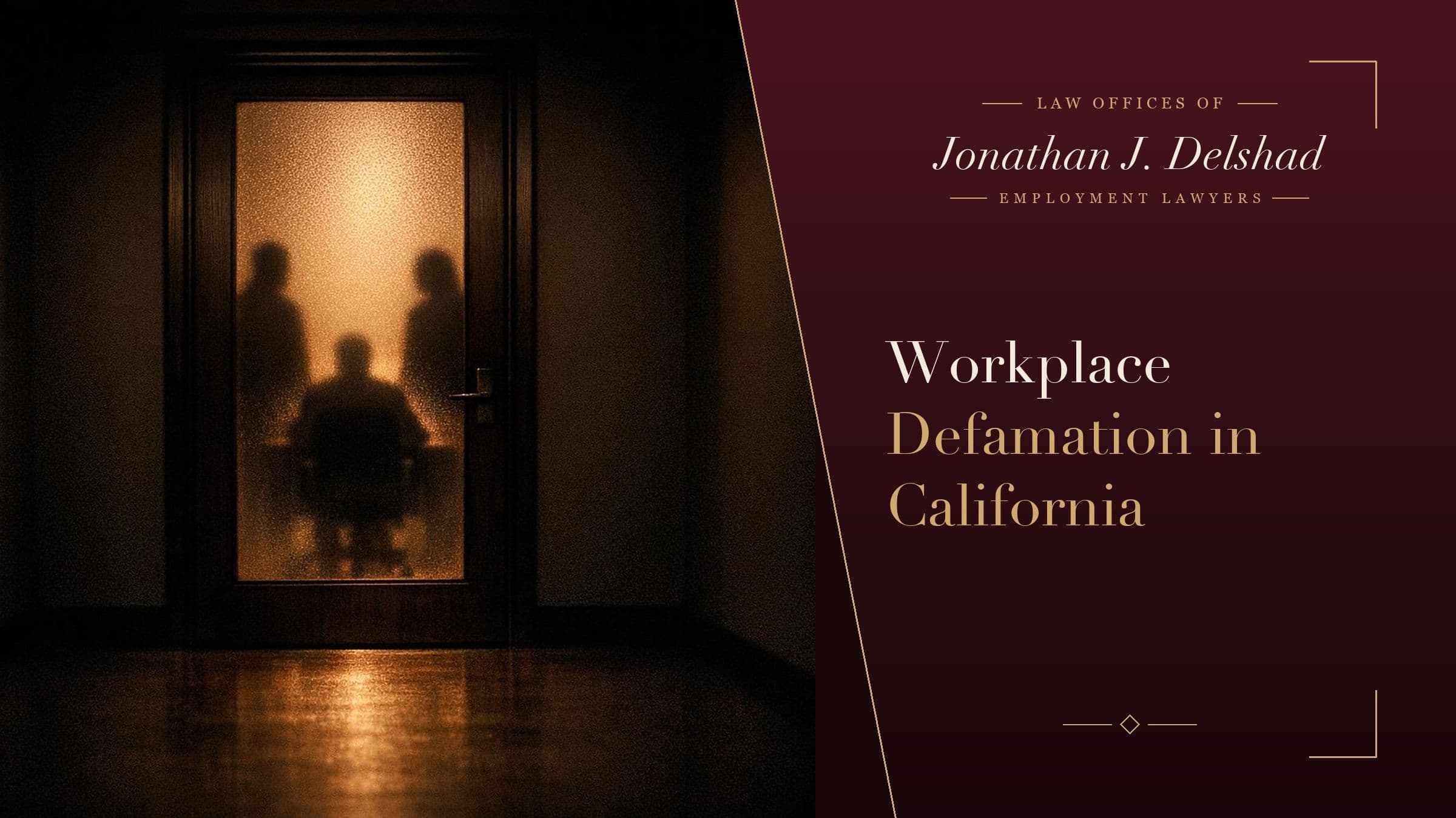 A closed office door with muffled figures talking behind frosted glass at the end of a quiet hallway