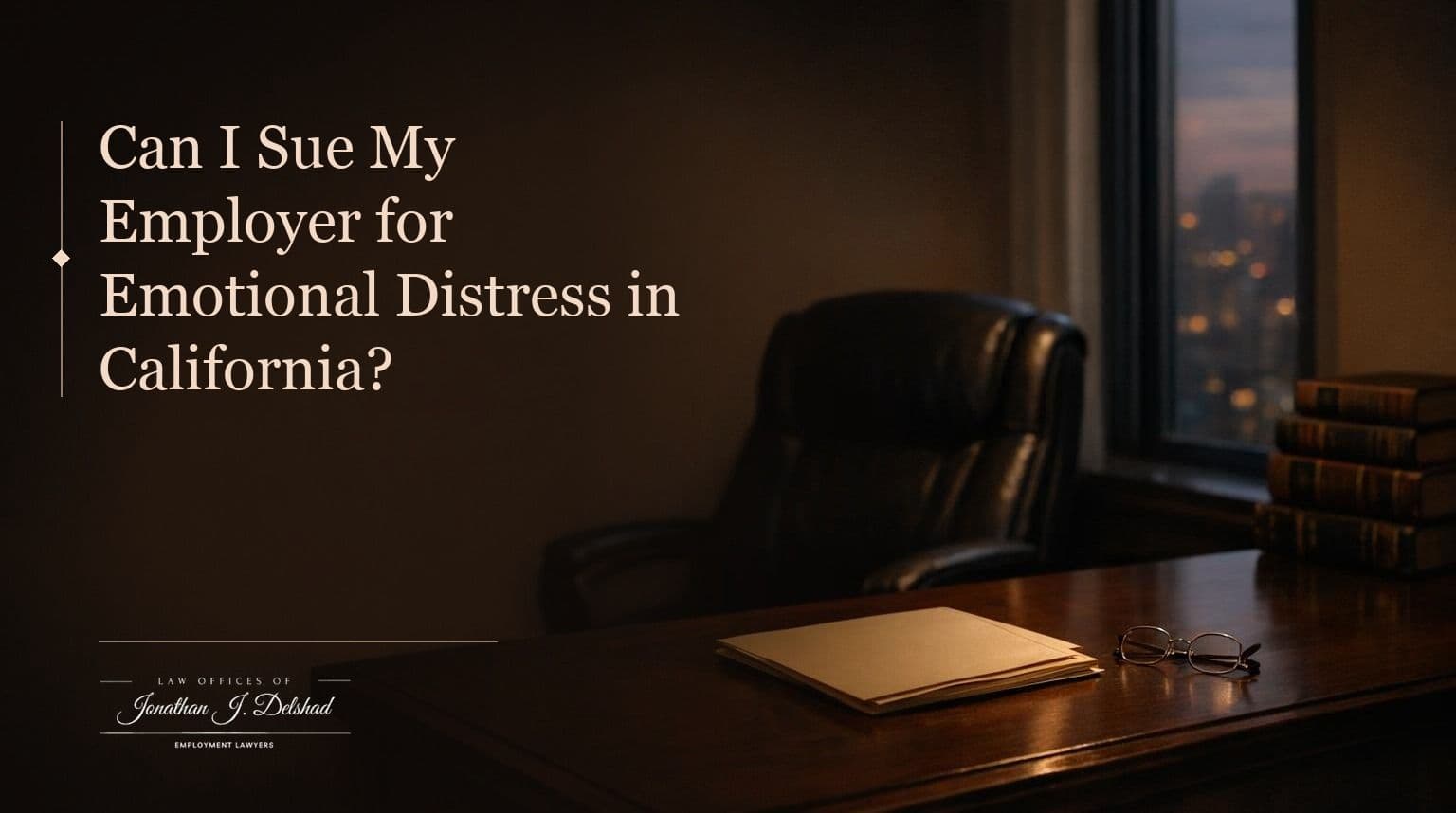 An empty leather office chair behind a dark wooden desk at dusk, with a closed file folder, reading glasses and law books beside a city window.