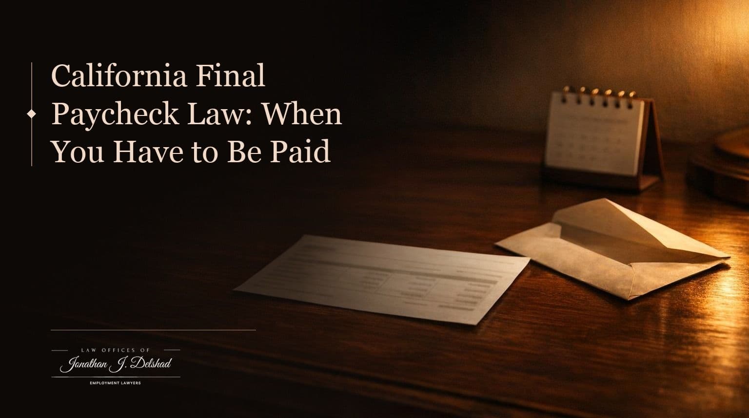 A printed payroll stub and an empty opened pay envelope on a dark wooden desk, beside a small desk calendar lit by warm lamplight.