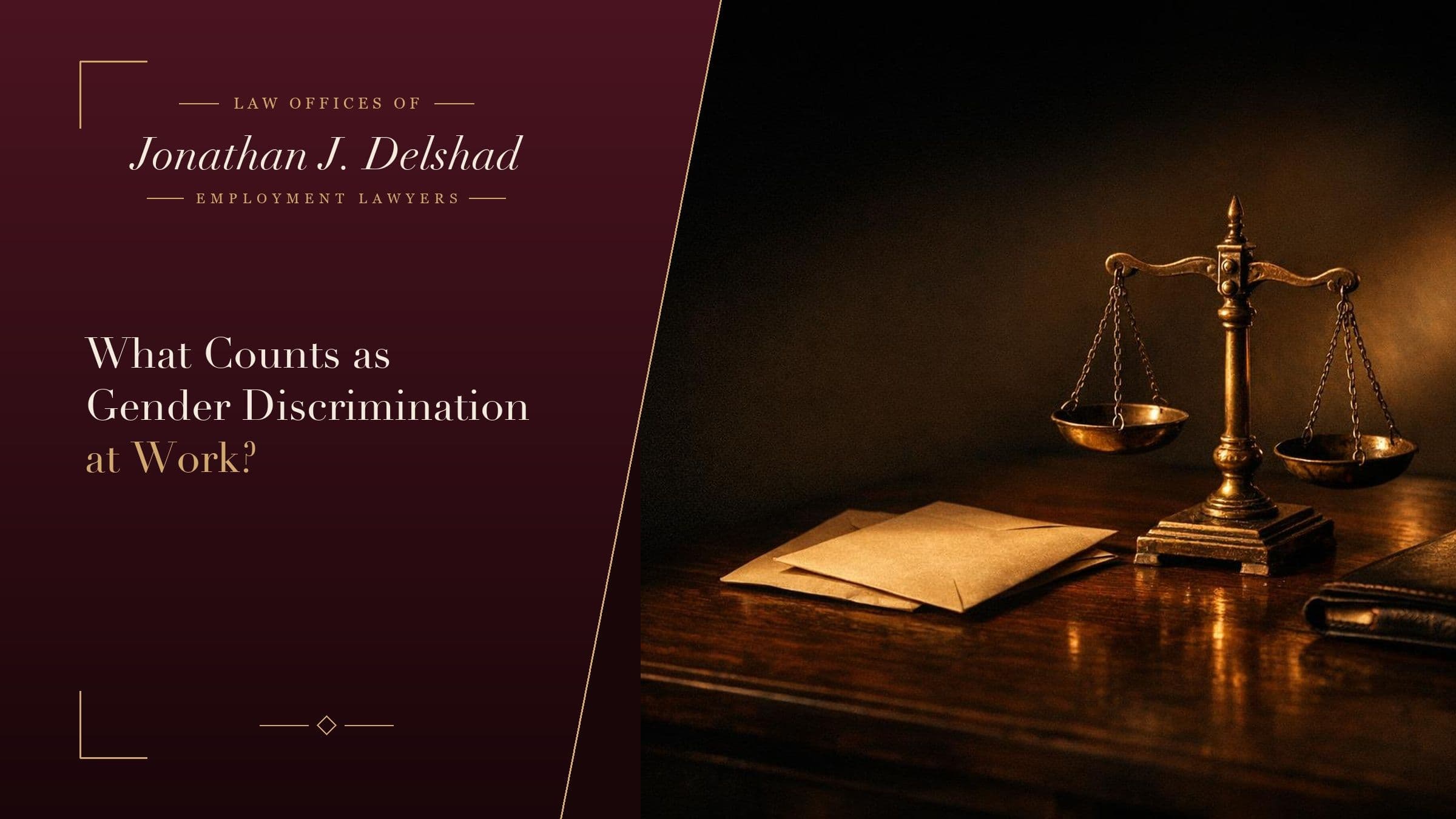 A brass balance scale on a dark wooden desk beside two stacked pay envelopes and a closed leather folio in warm low light