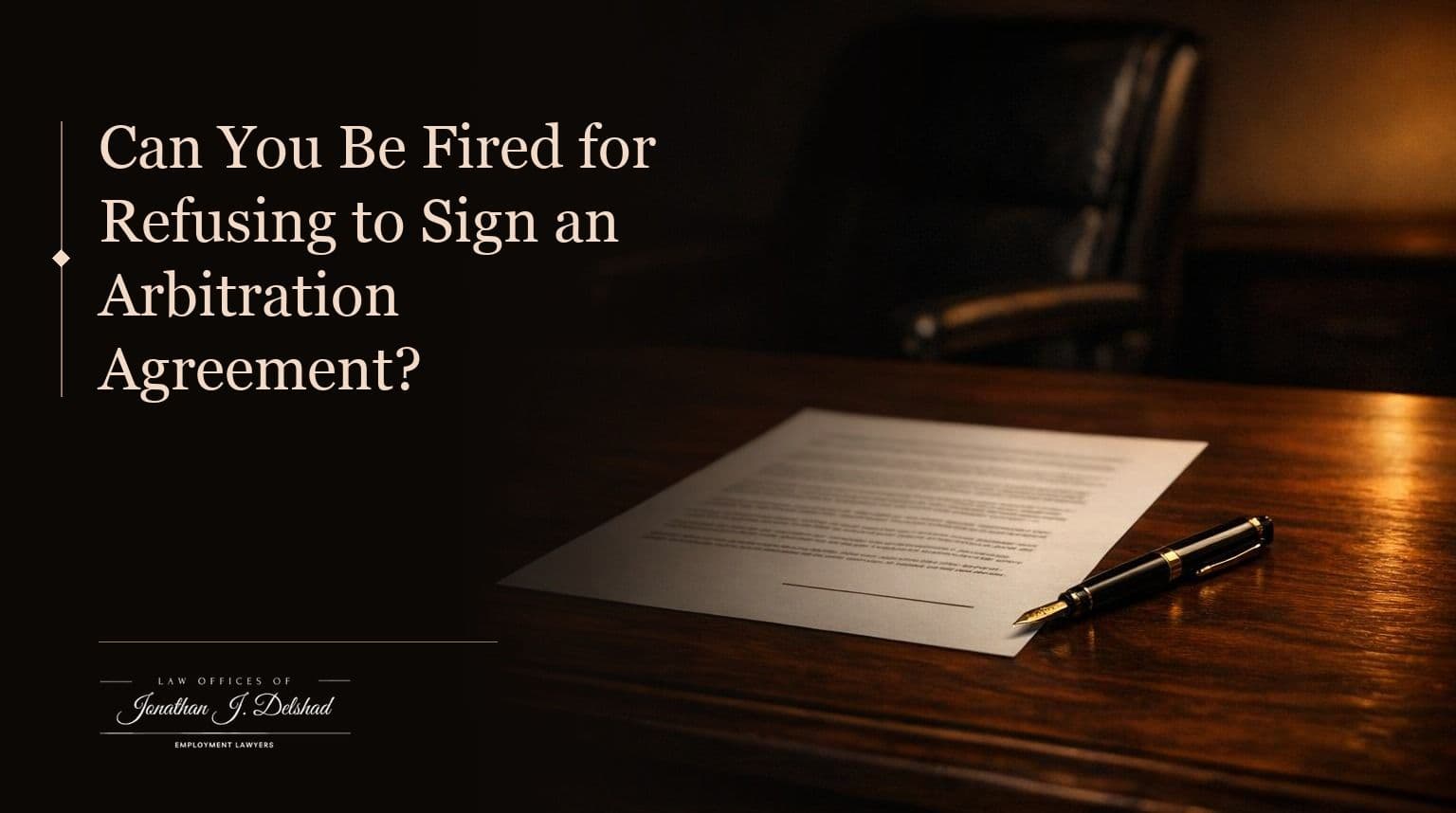 An unsigned printed contract with a blank signature line on a dark wooden desk, an unused fountain pen beside it and an empty office chair behind.