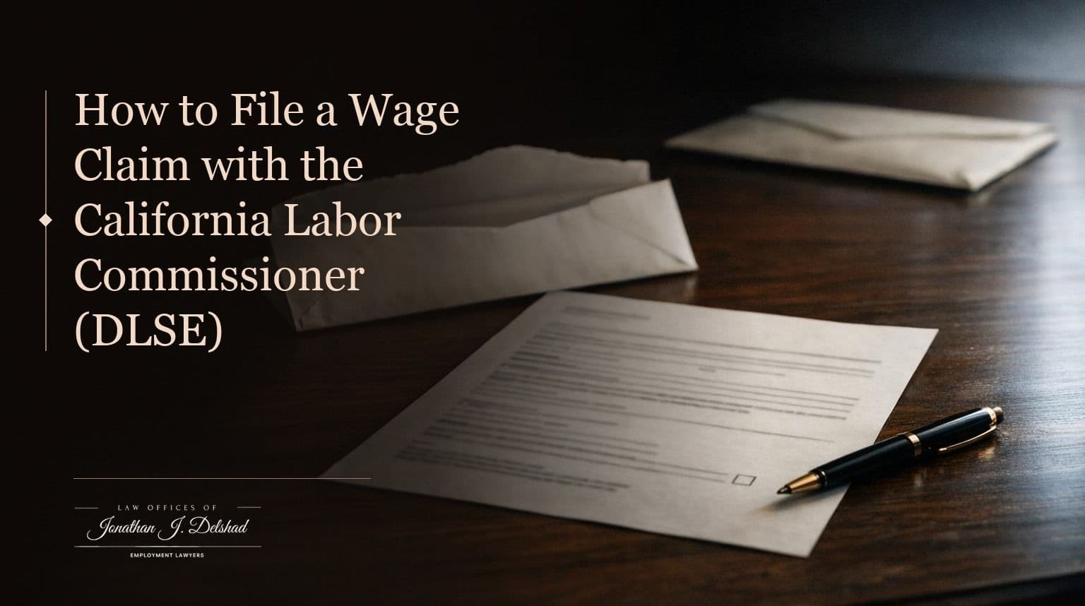 A blank wage claim form, pay stubs and a pen on a desk