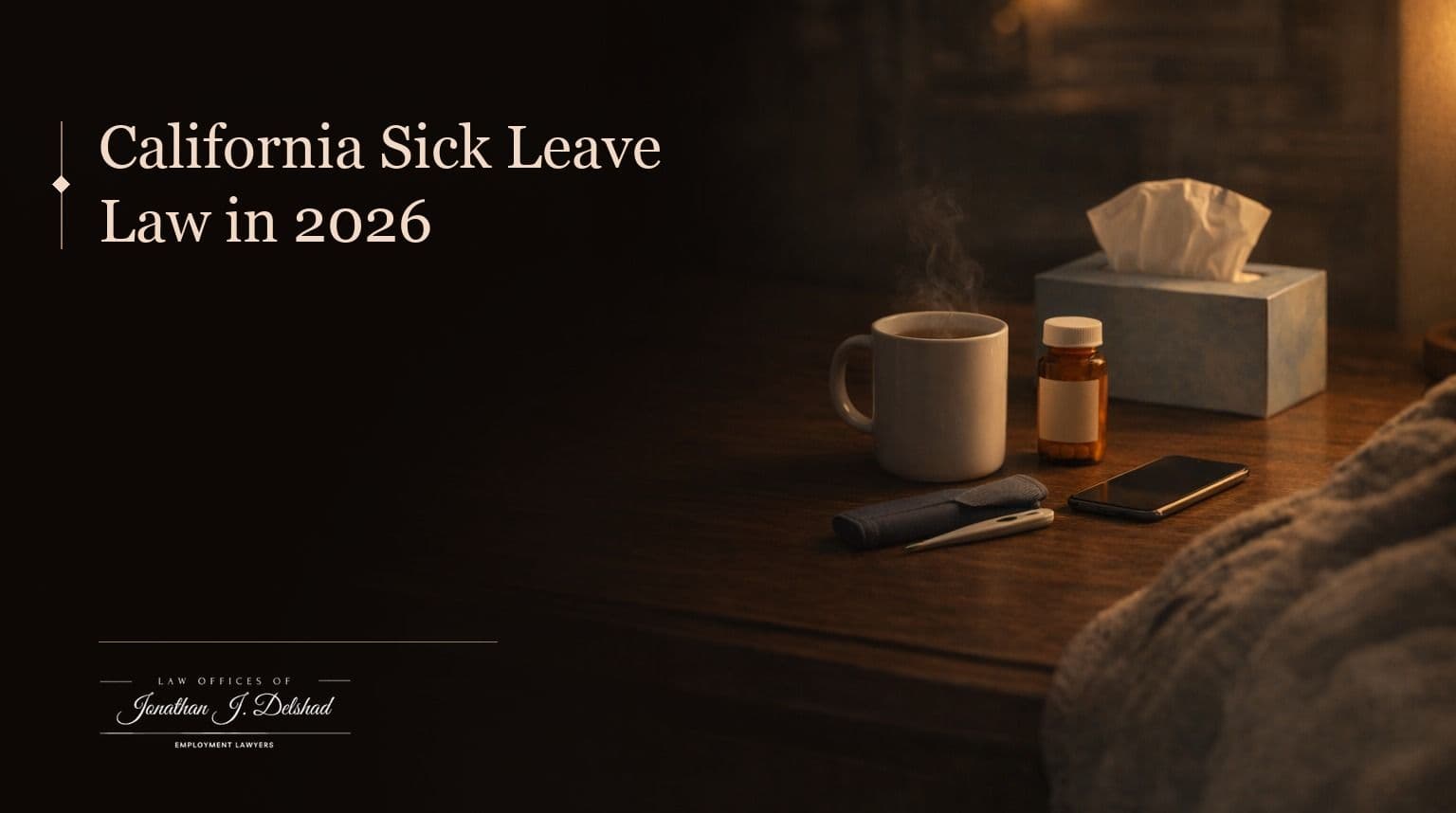 A mug of tea, a pharmacy bottle, a thermometer and tissues on a desk at night