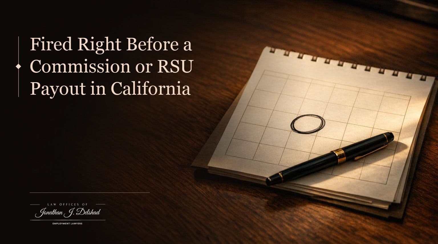 A spiral-bound calendar page with one date circled in ink and a fountain pen resting on it, on a dark wooden desk