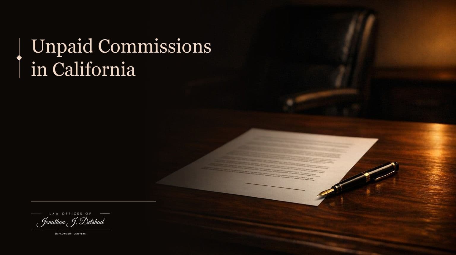 Unpaid Commissions in California — Law Offices of Jonathan J. Delshad. An unsigned printed agreement with a blank signature line resting on a dark wooden desk, a fountain pen beside it.