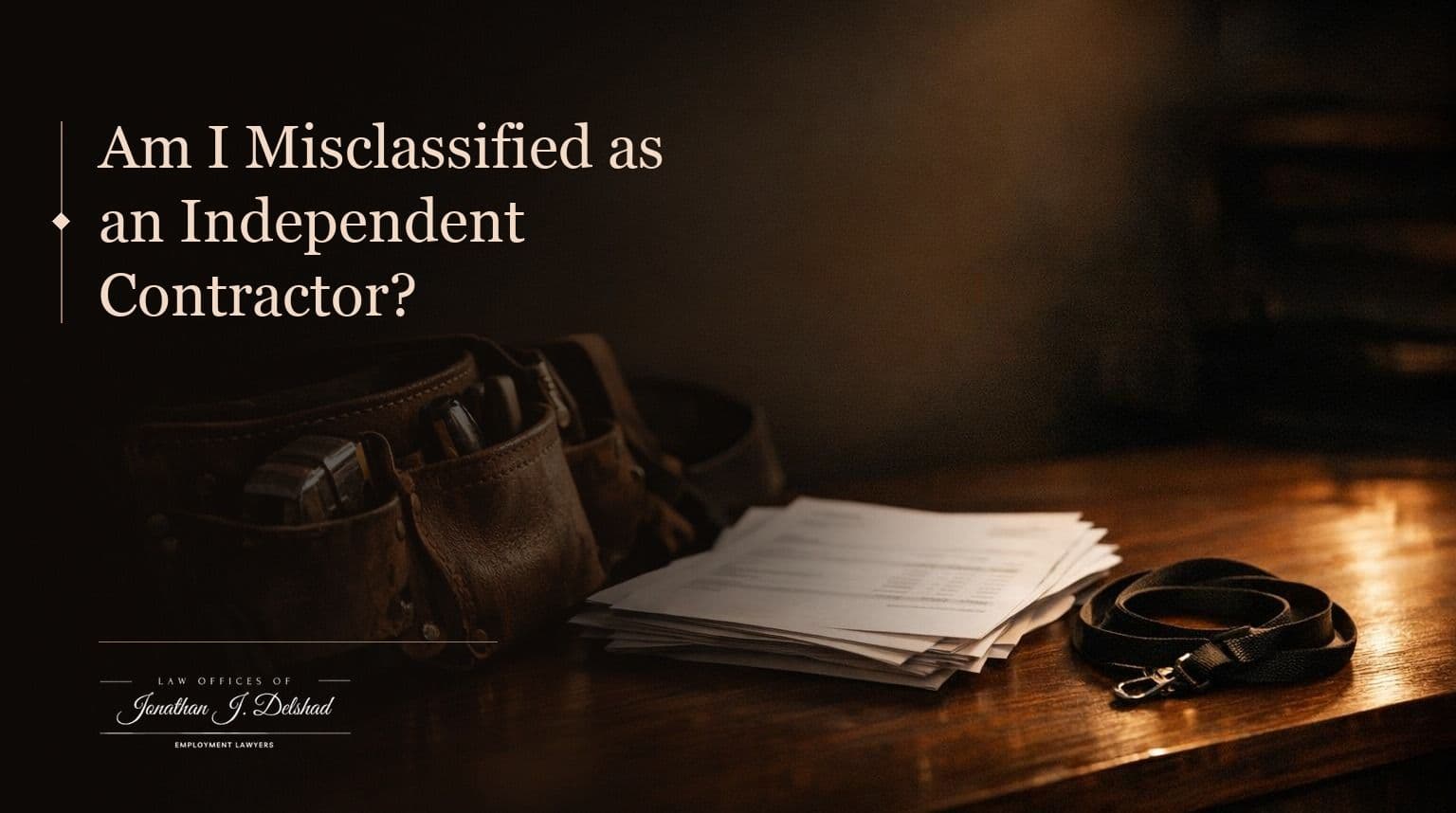 A worker's leather toolbelt, a stack of printed invoices and a coiled company lanyard together on a dark wooden desk under warm lamplight.