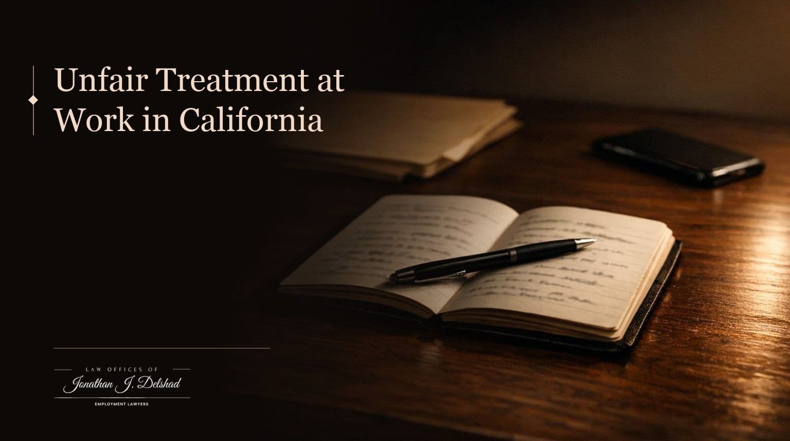 Unfair Treatment at Work in California — Law Offices of Jonathan J. Delshad. An open notebook of handwritten notes with a pen resting across it, beside a file folder on a dark wooden desk.