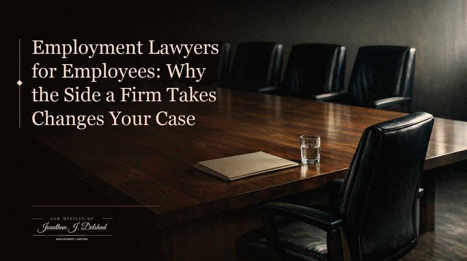 A long boardroom table with a row of chairs pushed in along one side and a single chair alone opposite, headed 'Employment Lawyers for Employees: Why the Side a Firm Takes Changes Your Case'