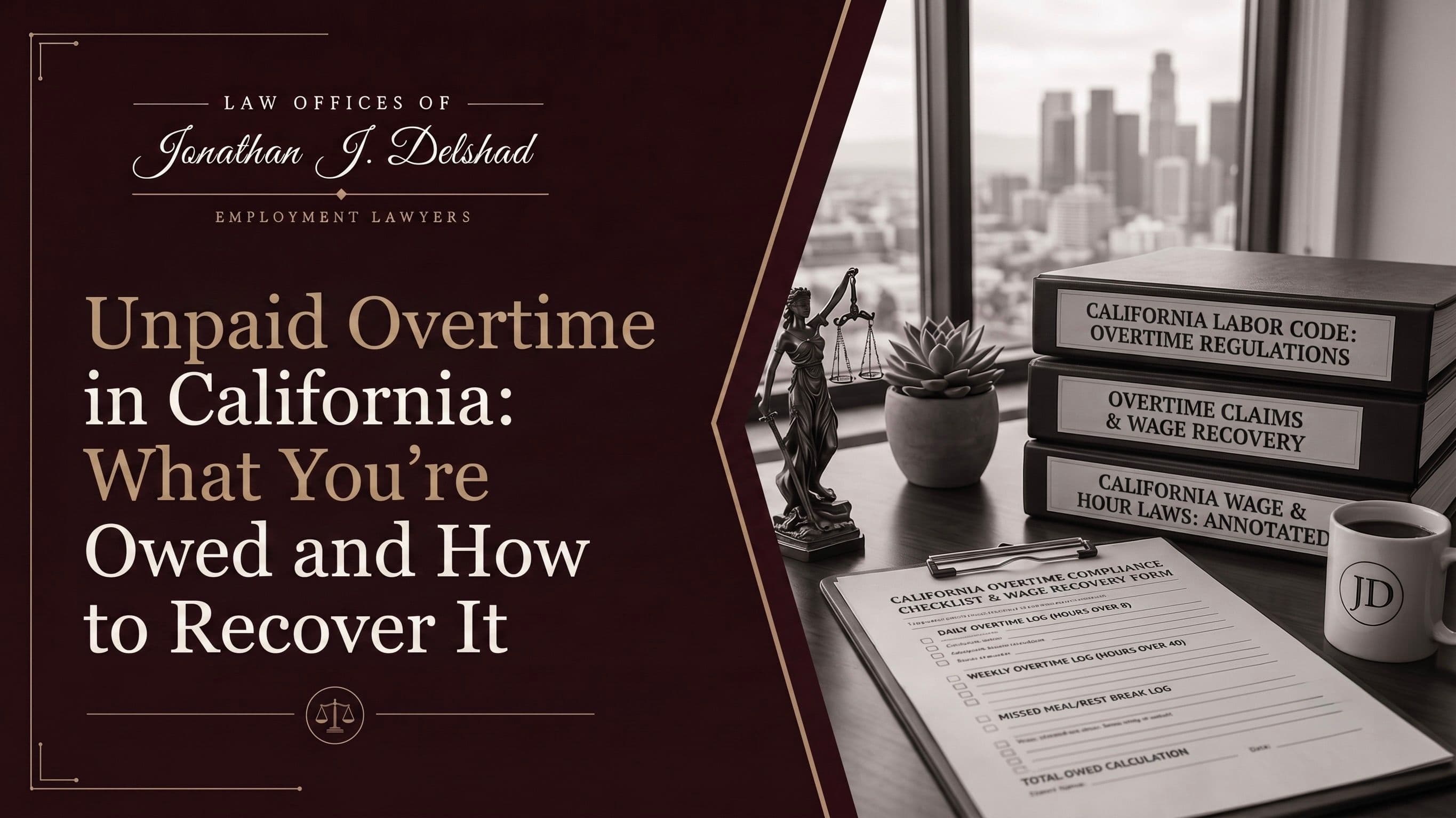 California Labor Code overtime binders beside an overtime compliance and wage recovery checklist, with the Los Angeles skyline behind.