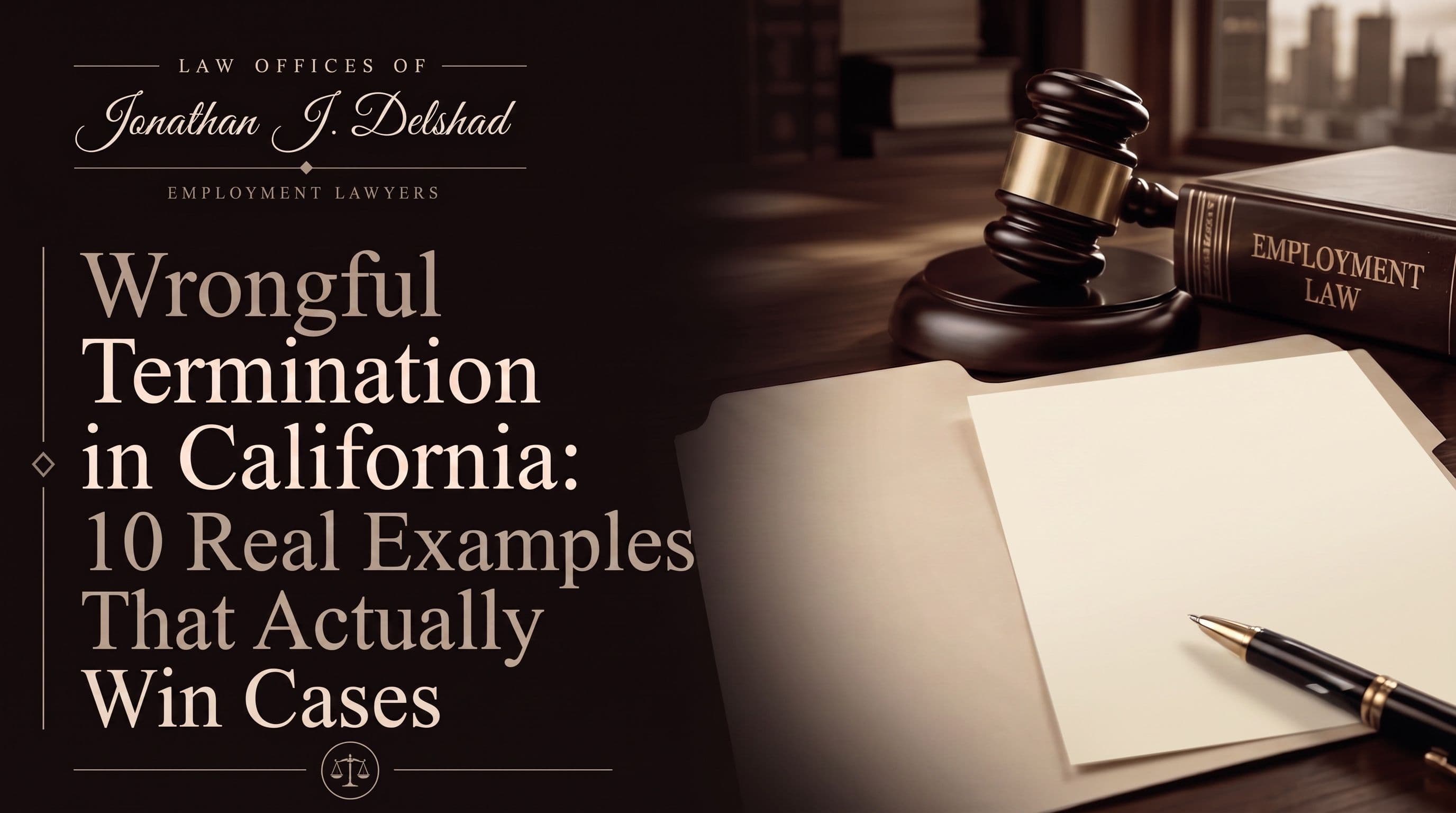 A gavel, an employment law book and an open case file on a desk, illustrating California wrongful termination examples.
